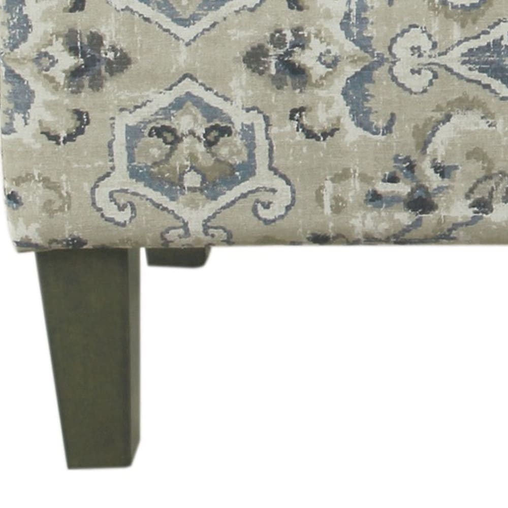 Medallion Print Fabric Upholstered Wooden Bench With Hinged Storage  Large  Blue and Cream   18 H x 36 W x 16 L Inches