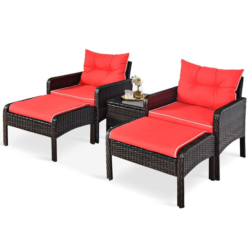 5 Pcs Rattan Patio Conversation Sets with Ottomans & Coffee Table, Wicker Outdoor Bistro Set