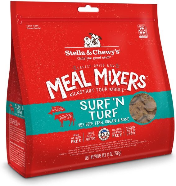 Stella and Chewy's Freeze Dried Grain Free Protein Rich Recipe Raw Surf and Turf Meal Mixer Dog Food Topper， 8-oz bag