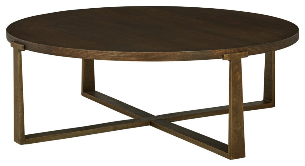 Vil 50 quotRound Coffee Table  Sand Casted Metal Base  Brown Oak Veneer   Transitional   Coffee Tables   by VirVentures  Houzz