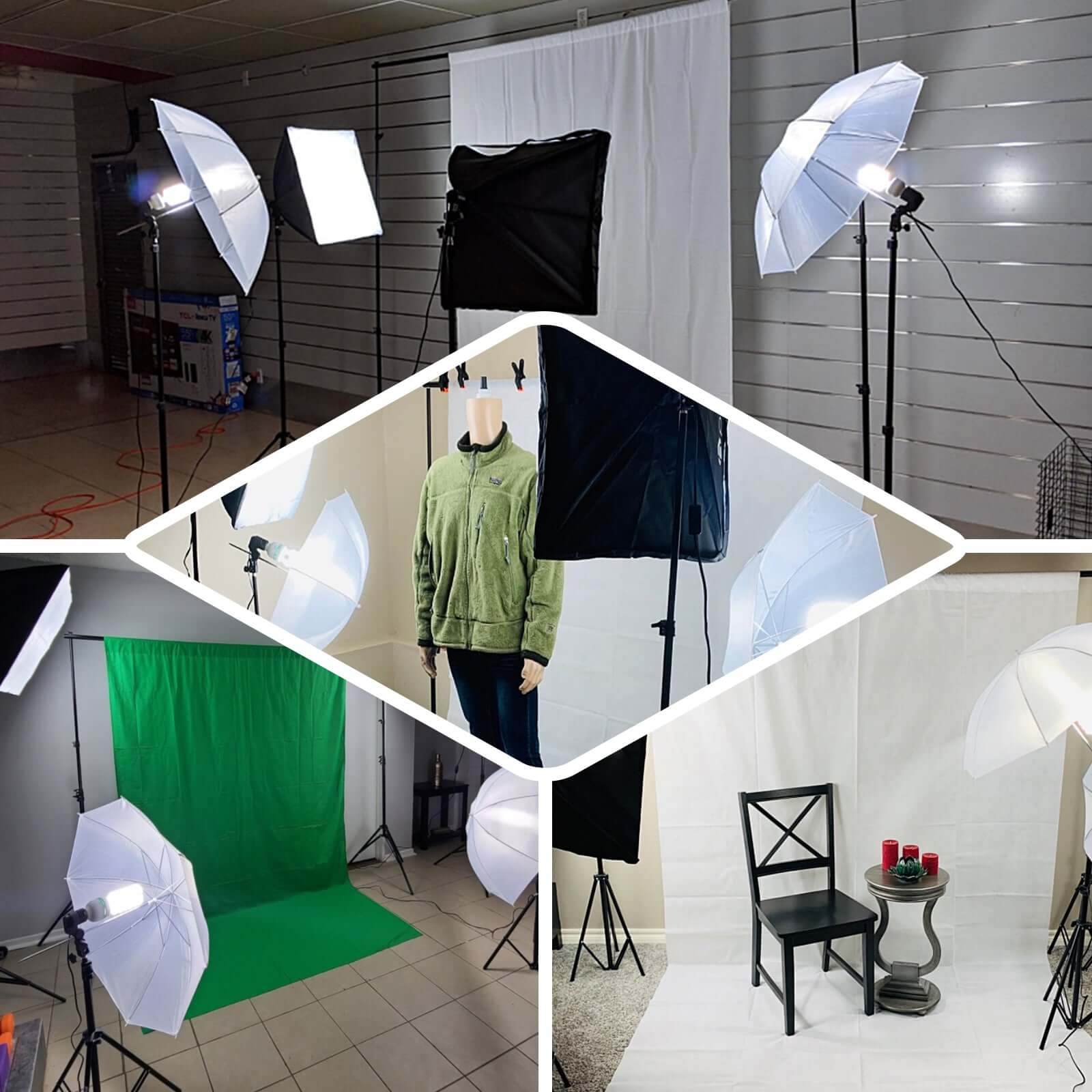 White Umbrella Continuous Lighting Photo Video Studio Kit With Soft Box Reflectors and Muslin Chromakey Backgrounds 1200W