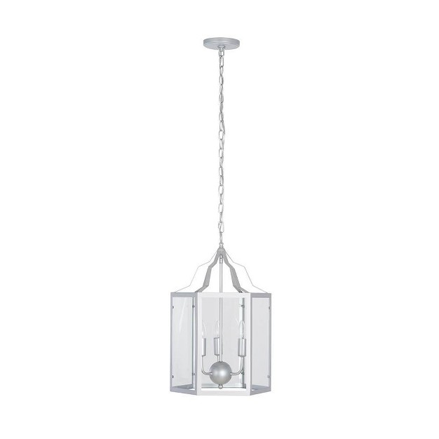 3 light Cage Frame Glass Panel Pendant includes Led Light Bulb Silver Cresswell Lighting