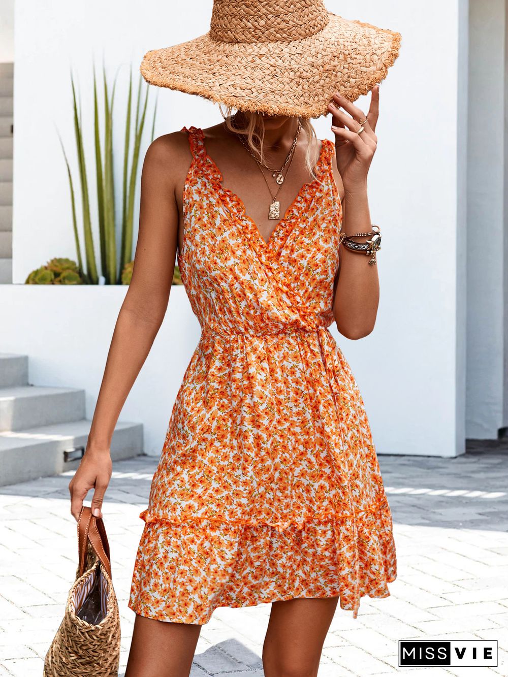 V-neck Lace-up Ruffle Floral Halter Dress