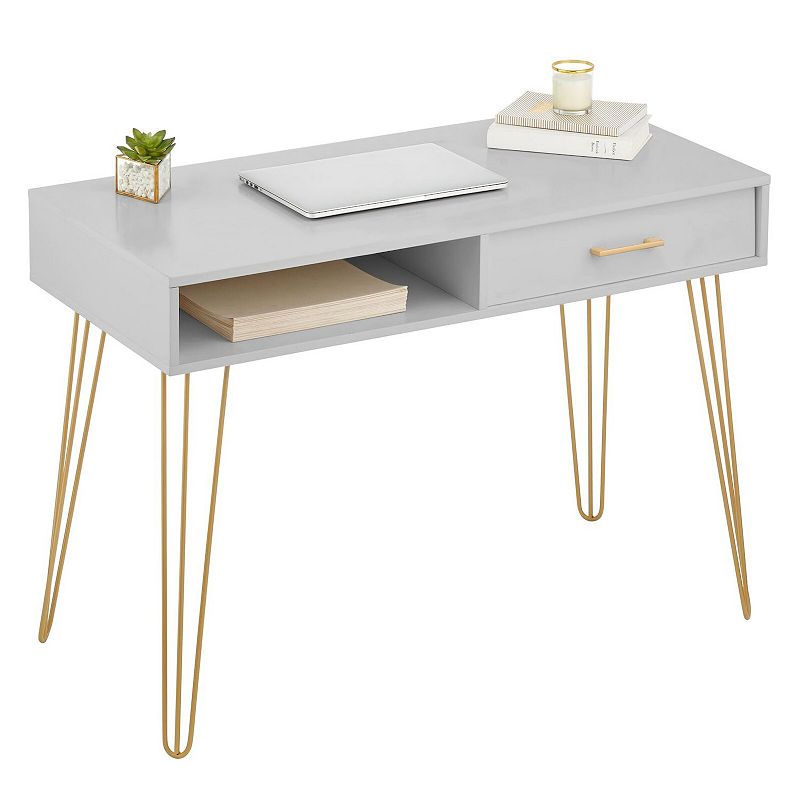 mDesign Metal/Wood Home Office Desk with Drawer， Hairpin Legs