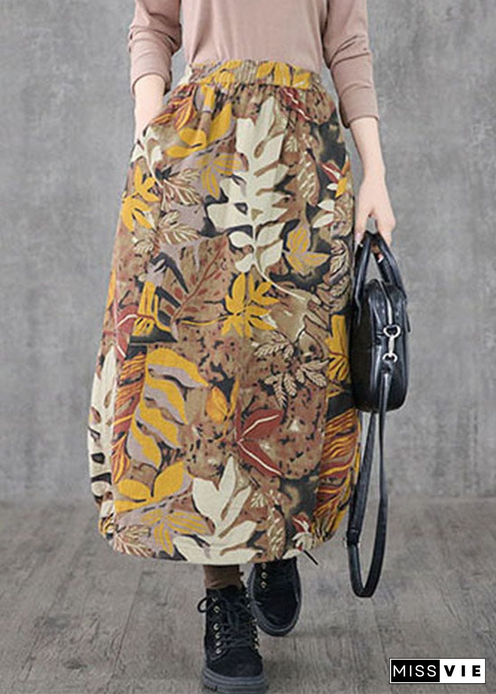 Plus Size Khaki pockets print A Line Skirts Spring