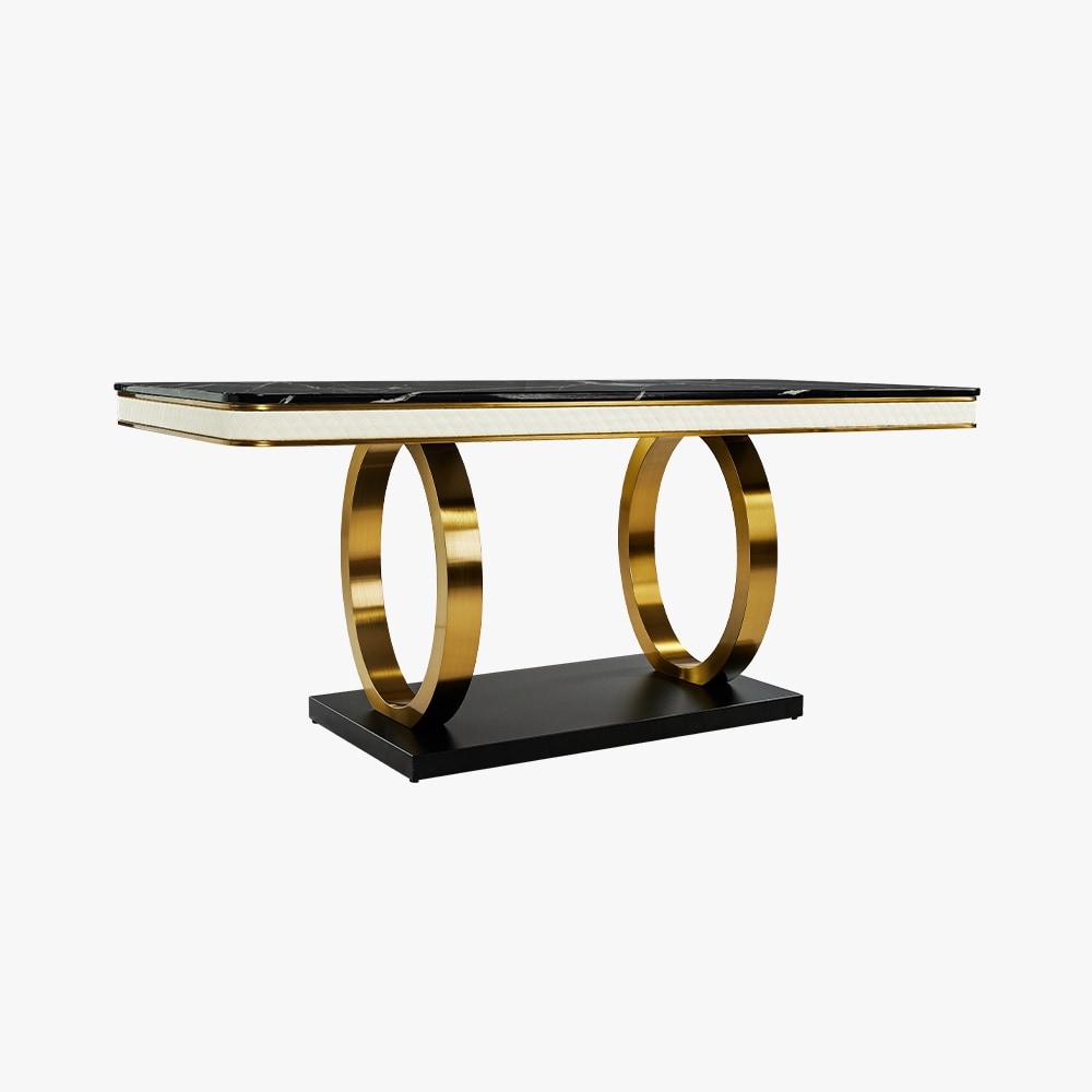 Modern Black Marble Dining Table for 6 10 with Rectangular Tabletop Dual Circle Base