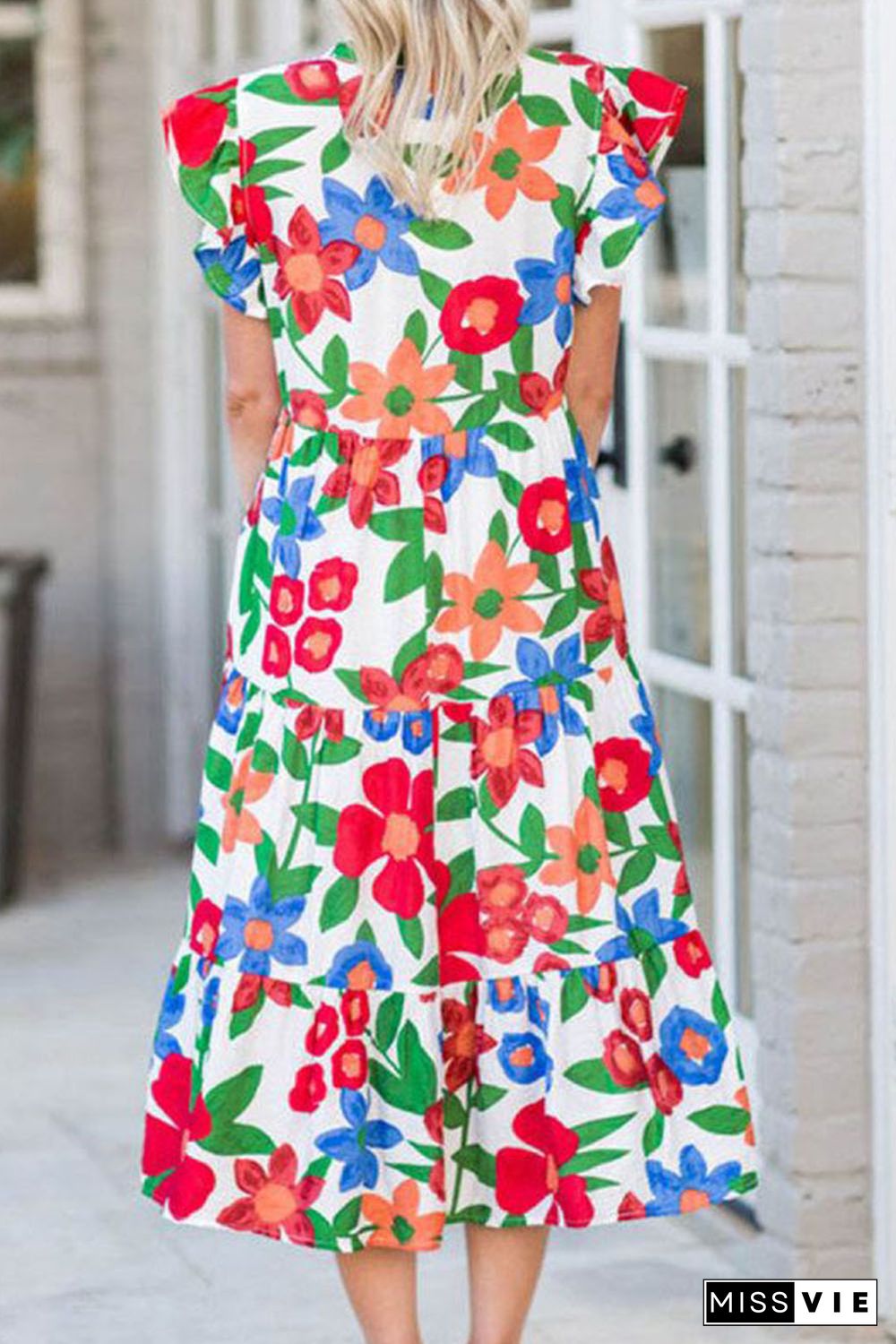 Multicolor Flutter Sleeve V Neck High Waist Floral Midi Dress