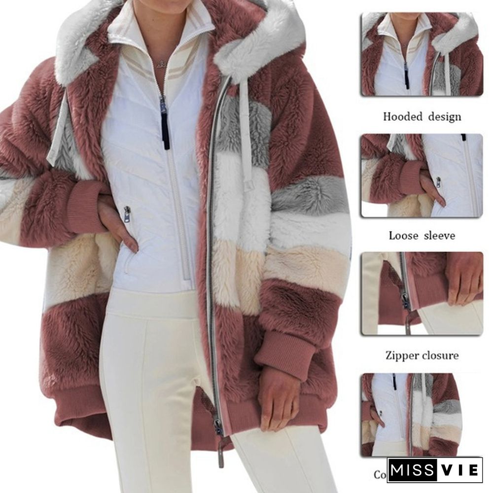 Plus Size Winter Women's Plush Coat Fashion Casual Stitching Plaid Ladies Clothes Hooded Zipper Ladies Parka Coat Cashmere Women Jacket Patchwork Outerwear Feminina Blouson Femme