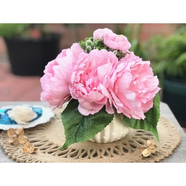 Enova Home Artificial Silk Peony Mixed Fake Flowers Arrangement with White Ceramic Vase for Home Garden Decoration