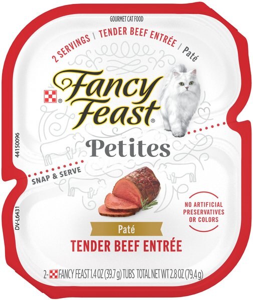 Purina Fancy Feast Gourmet Pate Wet Cat Food， Petites Tender Beef Entree， 2.8-oz tub， case of 12， 12 count