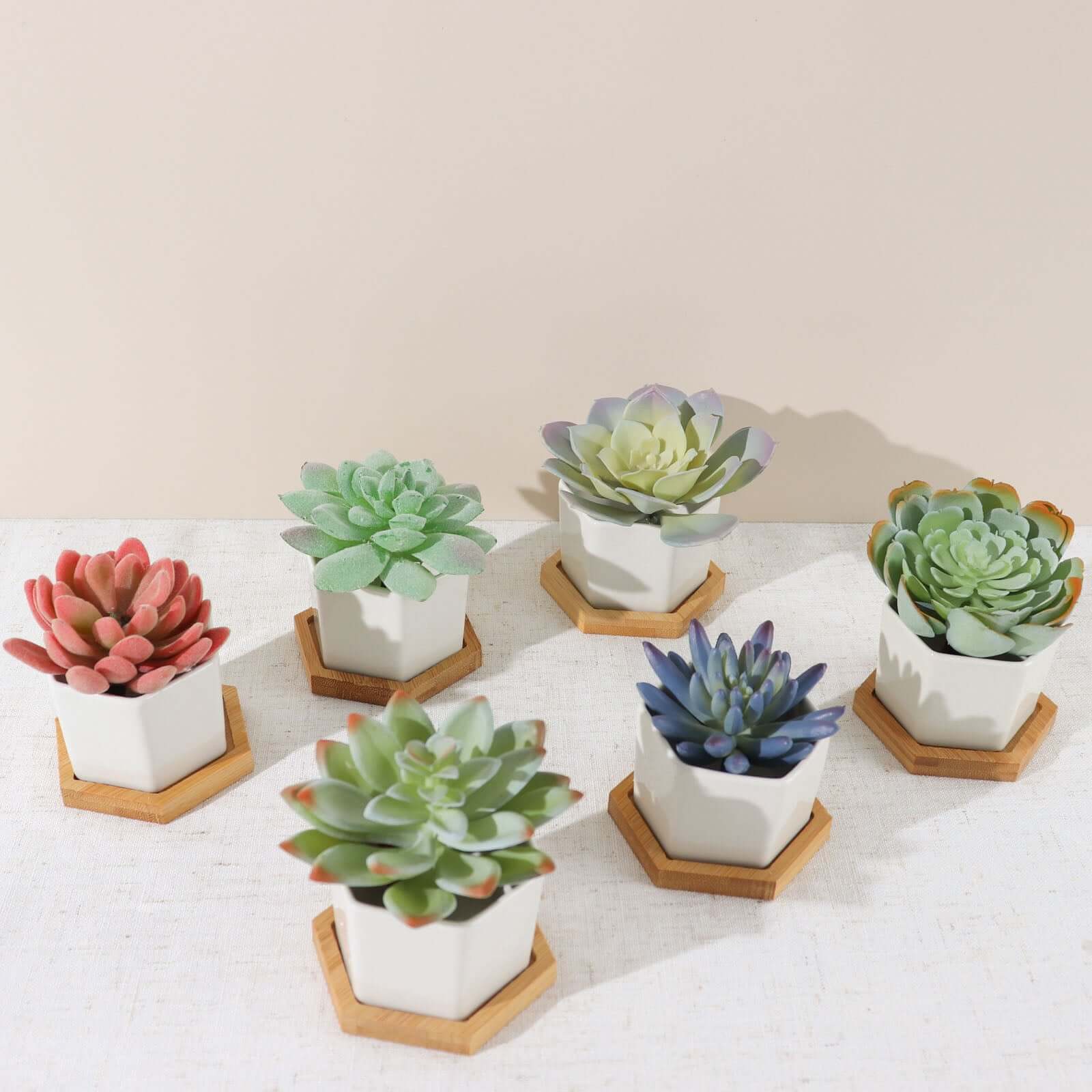 6 Pack White Geometric Hexagon Ceramic Planter Pots, Bamboo Tray Base w/ Drainage Hole, Cactus and Succulent Planters With Removable Bottom 3