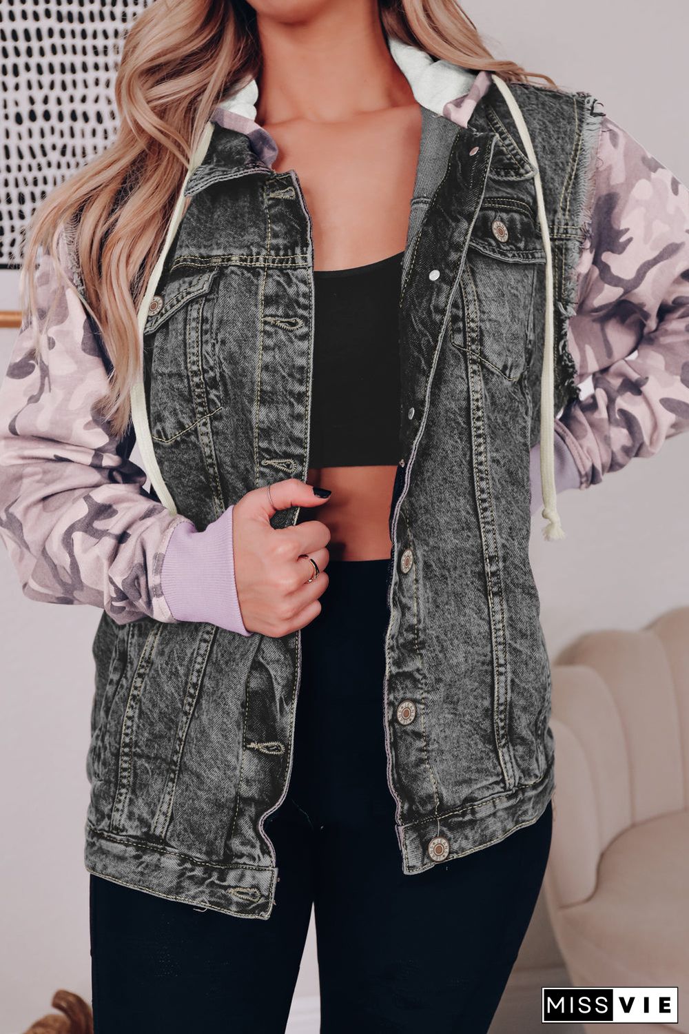 Black Camo Sleeve Hooded Buttoned Denim Jacket