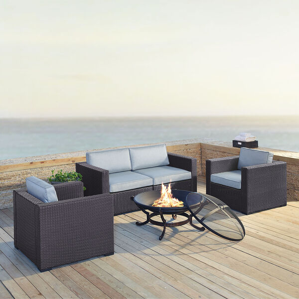 Biscayne 4 Person Outdoor Wicker Seating Set in Mist - Two Armchairs， Two Corner Chair， Ashland Firepit