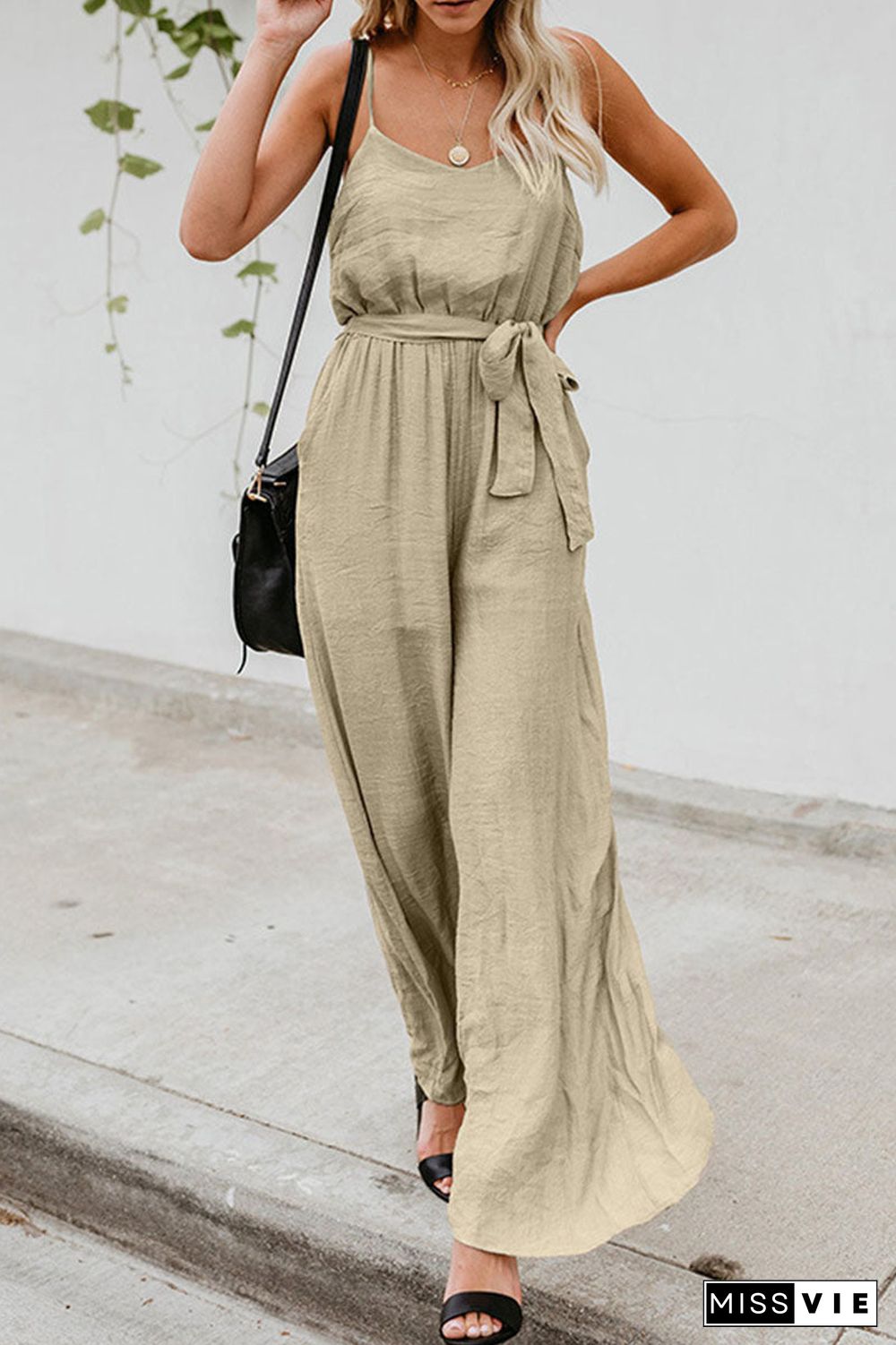 Fashion Street Solid Split Joint Spaghetti Strap Loose Jumpsuits