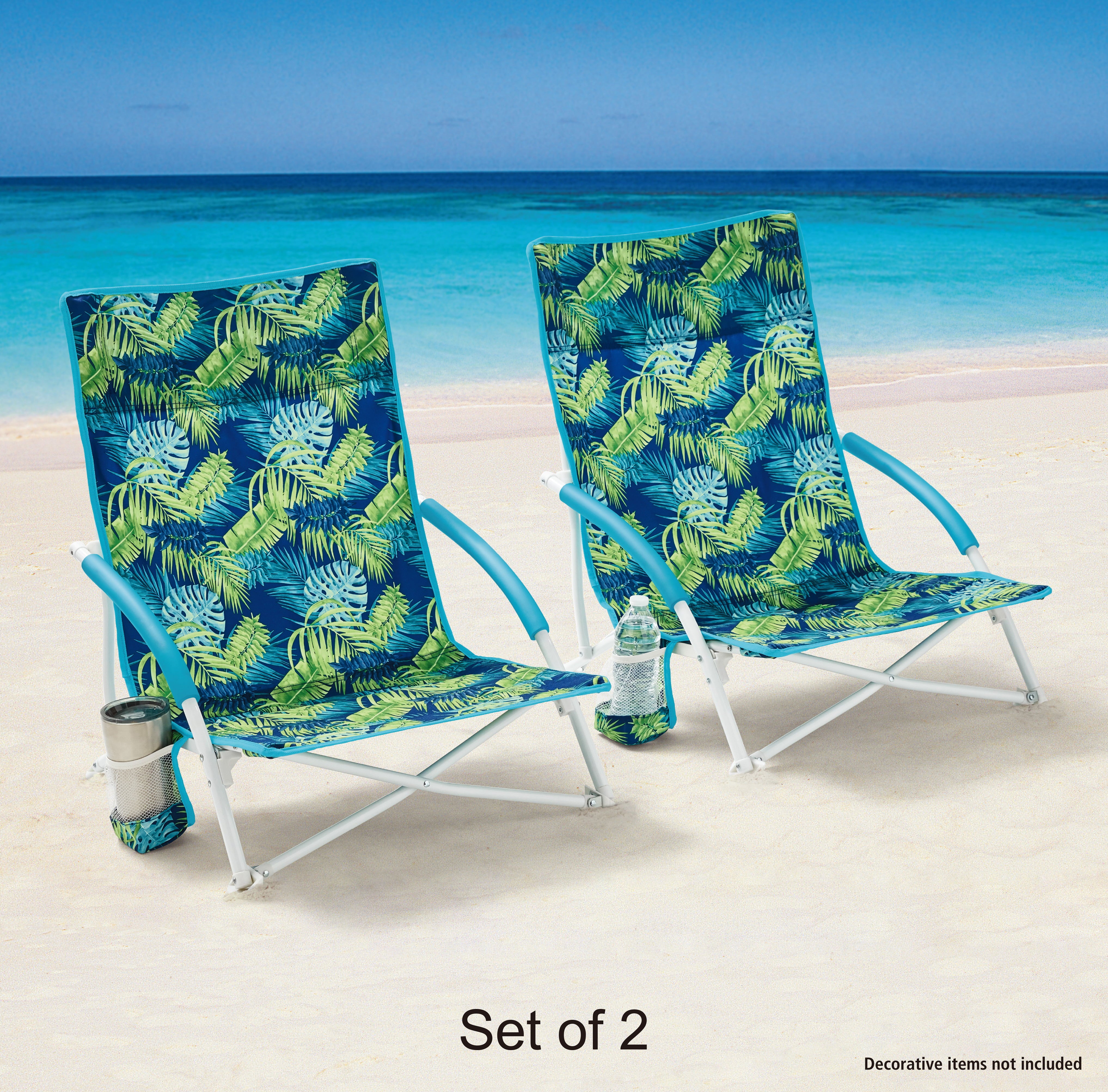 2-Pack Mainstays Folding Low Seat Soft Arm Beach Bag Chair with Carry Bag, Green Palm