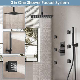 GRANDJOY Multiple Press 7-Spray Ceiling Mount 12 in. Fixed and Handheld Shower Head 2.5 GPM in Matte Black GJSFS1006-BK12