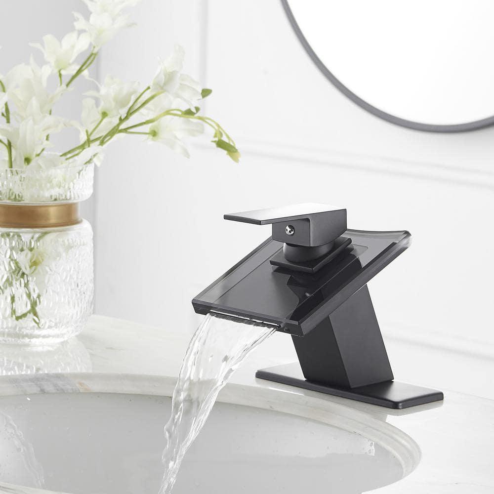 BWE Glass Spout Waterfall Single Hole Single Handle Bathroom Sink Faucet With Pop Up Drain With Overflow In Matte Black