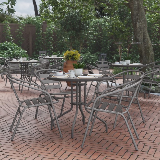 Flash Furniture Lila 31 5 x27 x27 Round Glass Metal Table With 4 Metal Aluminum Slat Stack Chairs