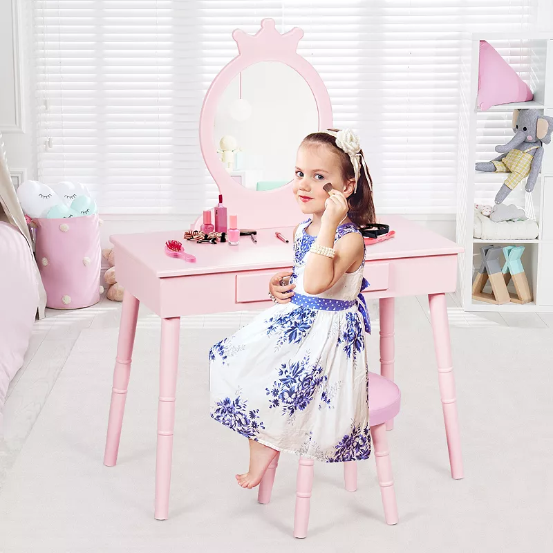 Kids Wooden Princess Makeup Table with Cushioned Stool