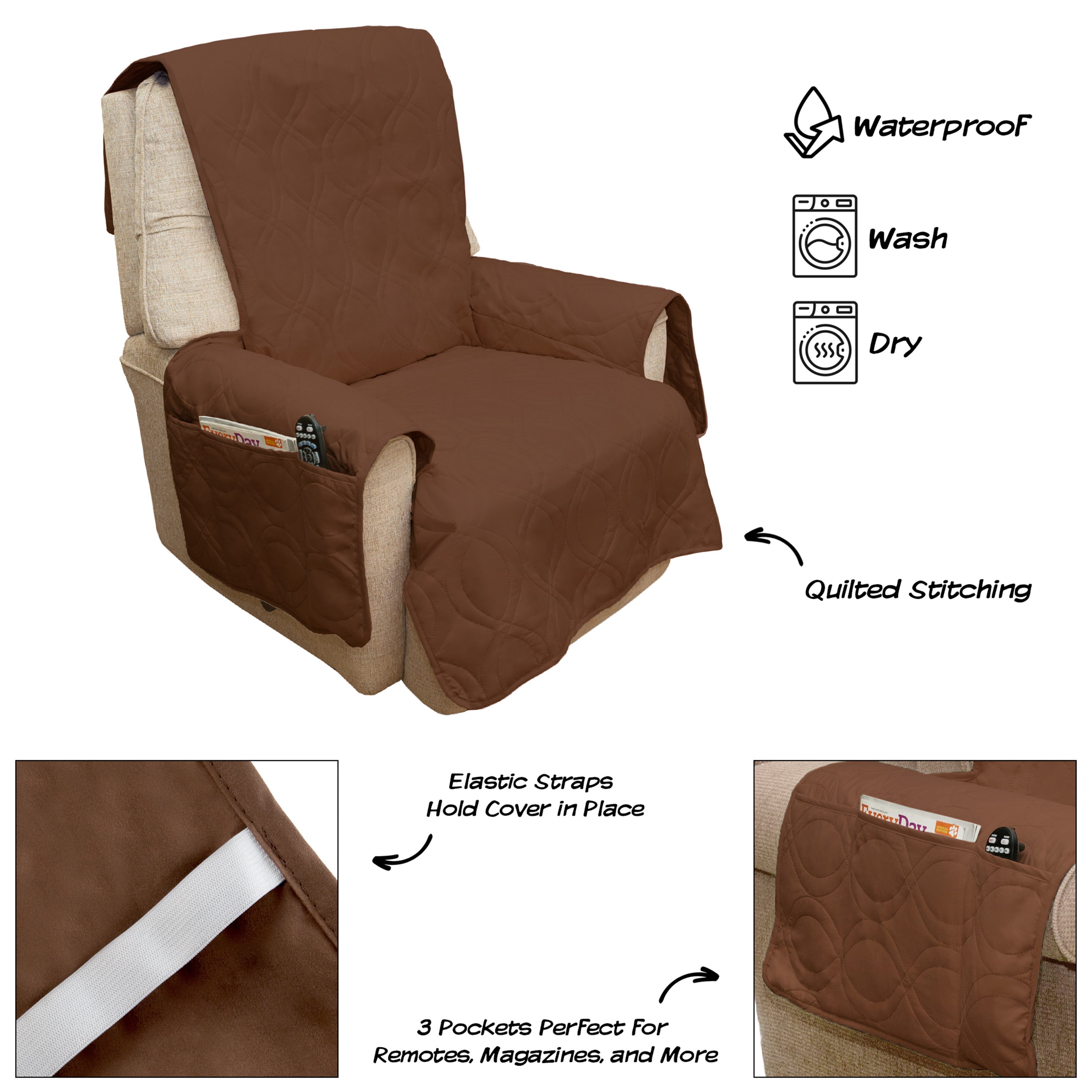 Pet Protector Furniture Covers - 100% Waterproof Recliner Chair Cover for Dogs or Cats – Storage Pockets and Non-Slip Straps by PETMAKER (Brown)