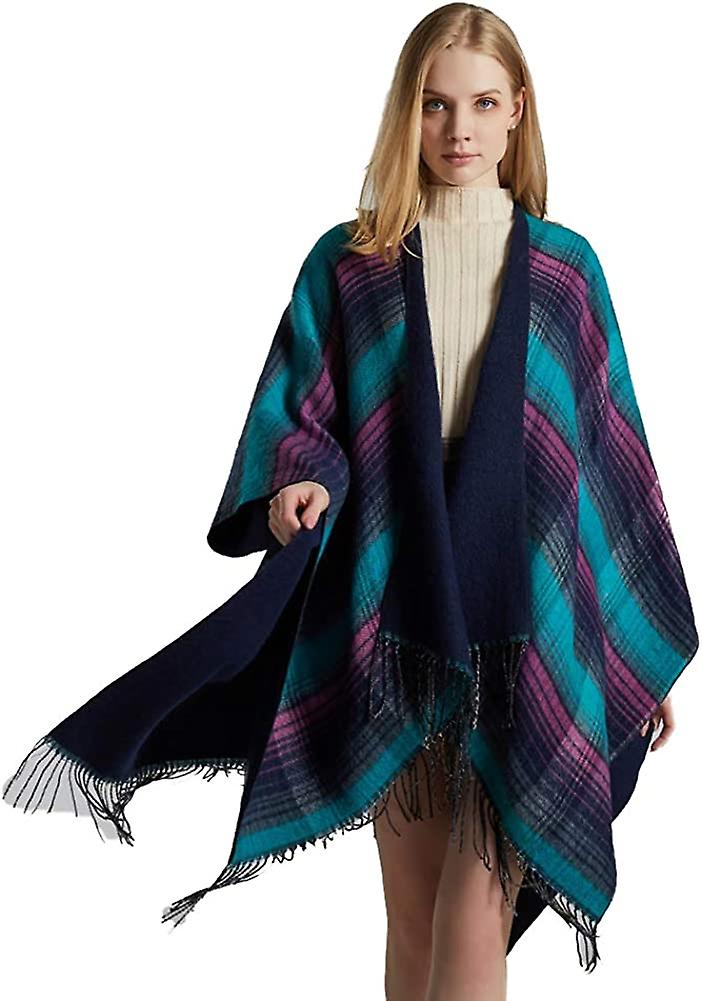 Women's Tassel Plaid Poncho Pashmina Shawl Wrap Cape Sweater Purple -