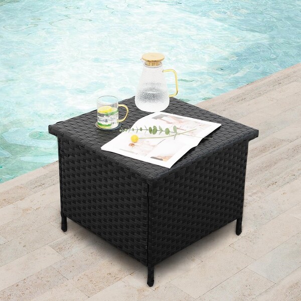 Outdoor PE Wicker Side Table with Storage Patio End Table Resin Rattan Storage Table for Garden Backyard Porch Poolside