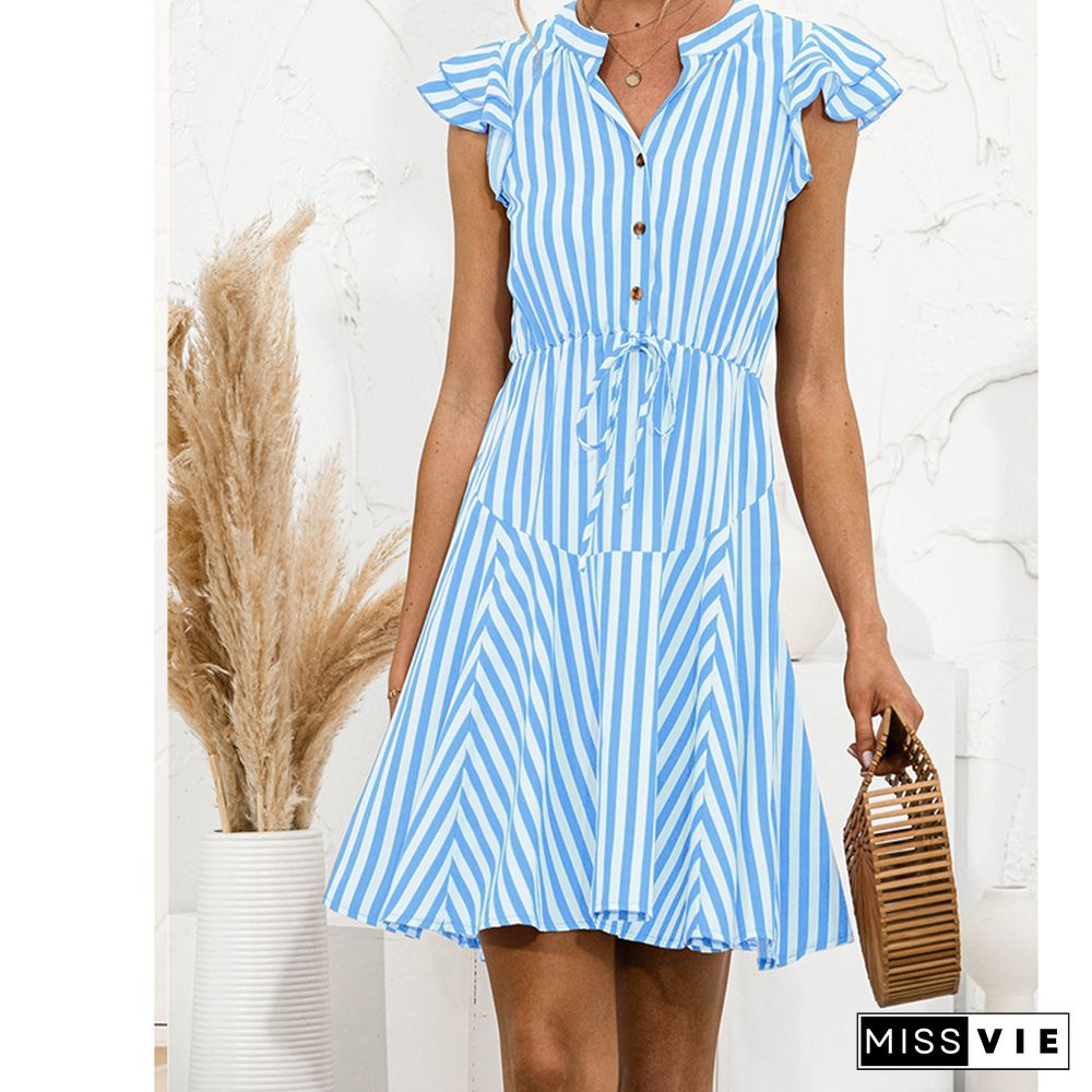 Fashion Striped Button Casual Mini Ruffles Dress Summer A- Sexy V-neck Short Dress For Womens Beach Dress High Street