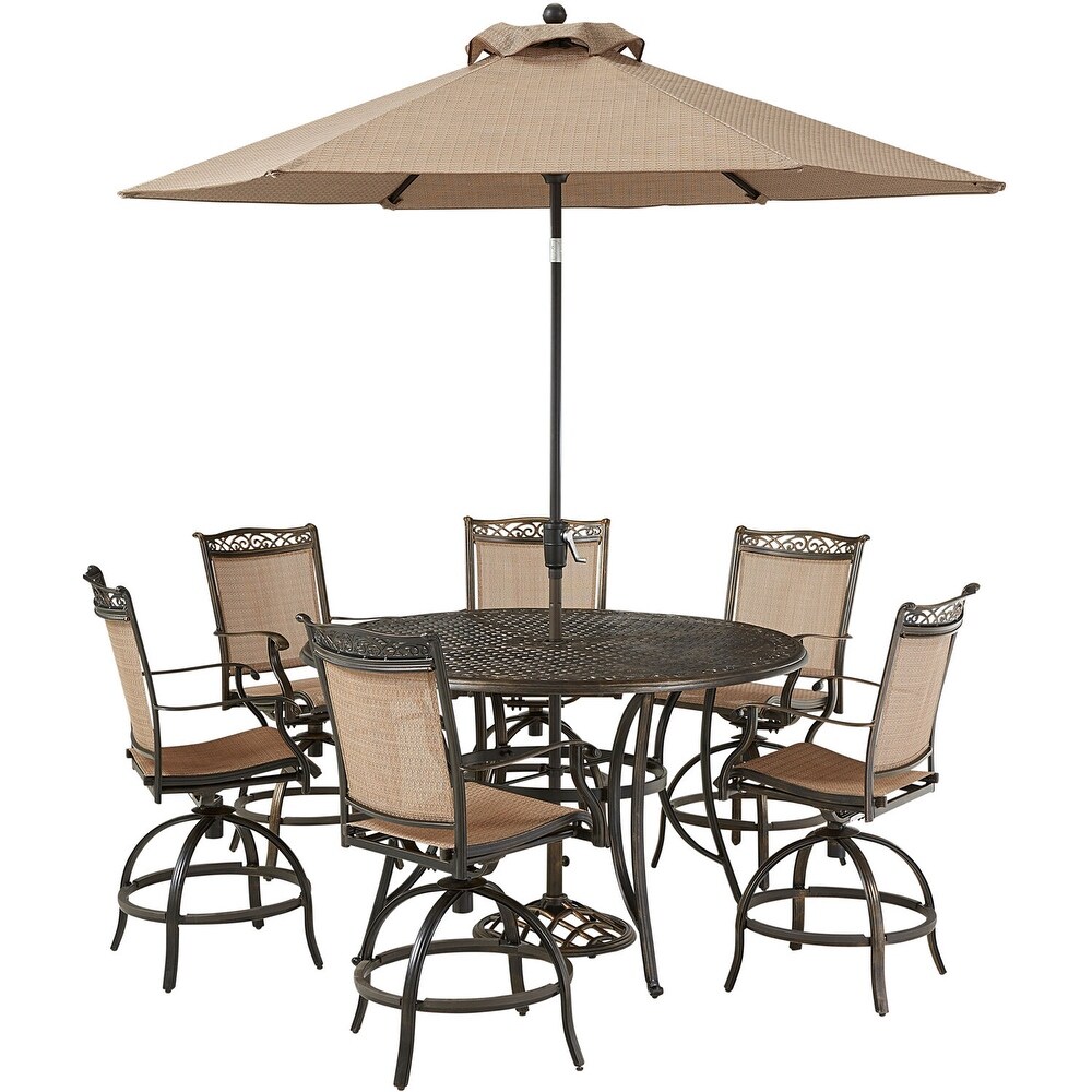 Hanover Fontana 7 Piece High Dining Set with 6 Counter Height Swivel Chairs  56 In. Cast Top Table  Umbrella and Umbrella Base