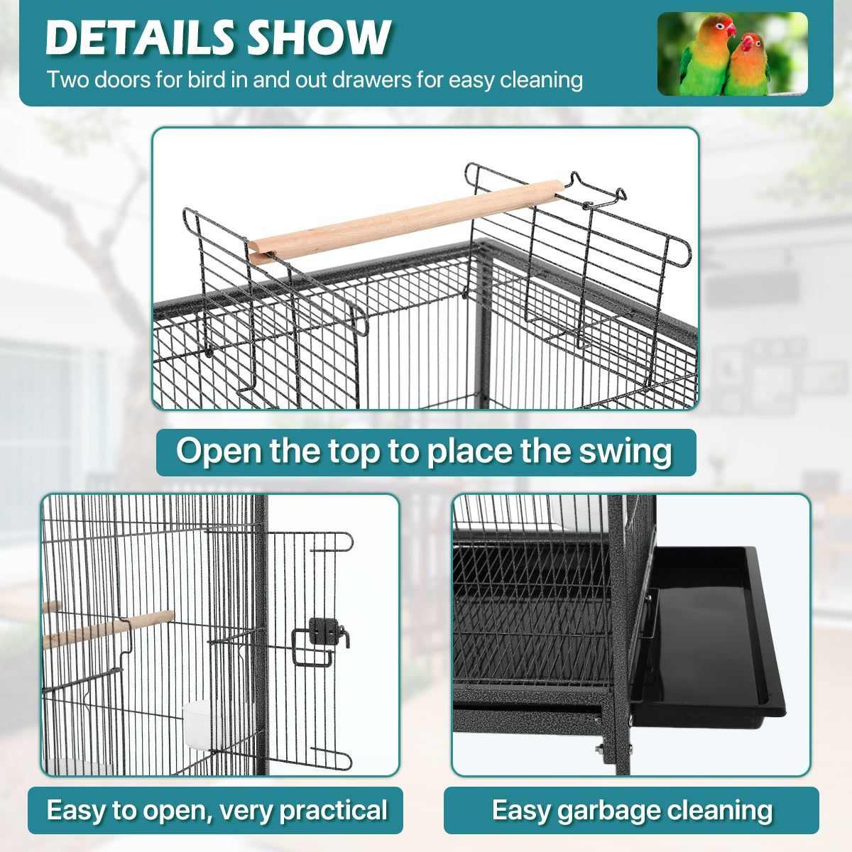 35 inch Birdcage with Stand Parrot Cage for Large Birds Parakeet Cage Wrought Iron Jaulas Para Pajaros with Play Open Top， Bottom Tray， 2 Feeders for Parakeets， Canary， Cockatiel