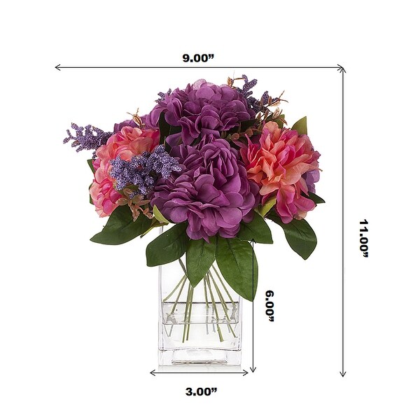 Enova Home Artificial Silk Dahlia Fake Flowers Arrangement in Clear Rectangular Glass Vase with Faux Water for Home Decór