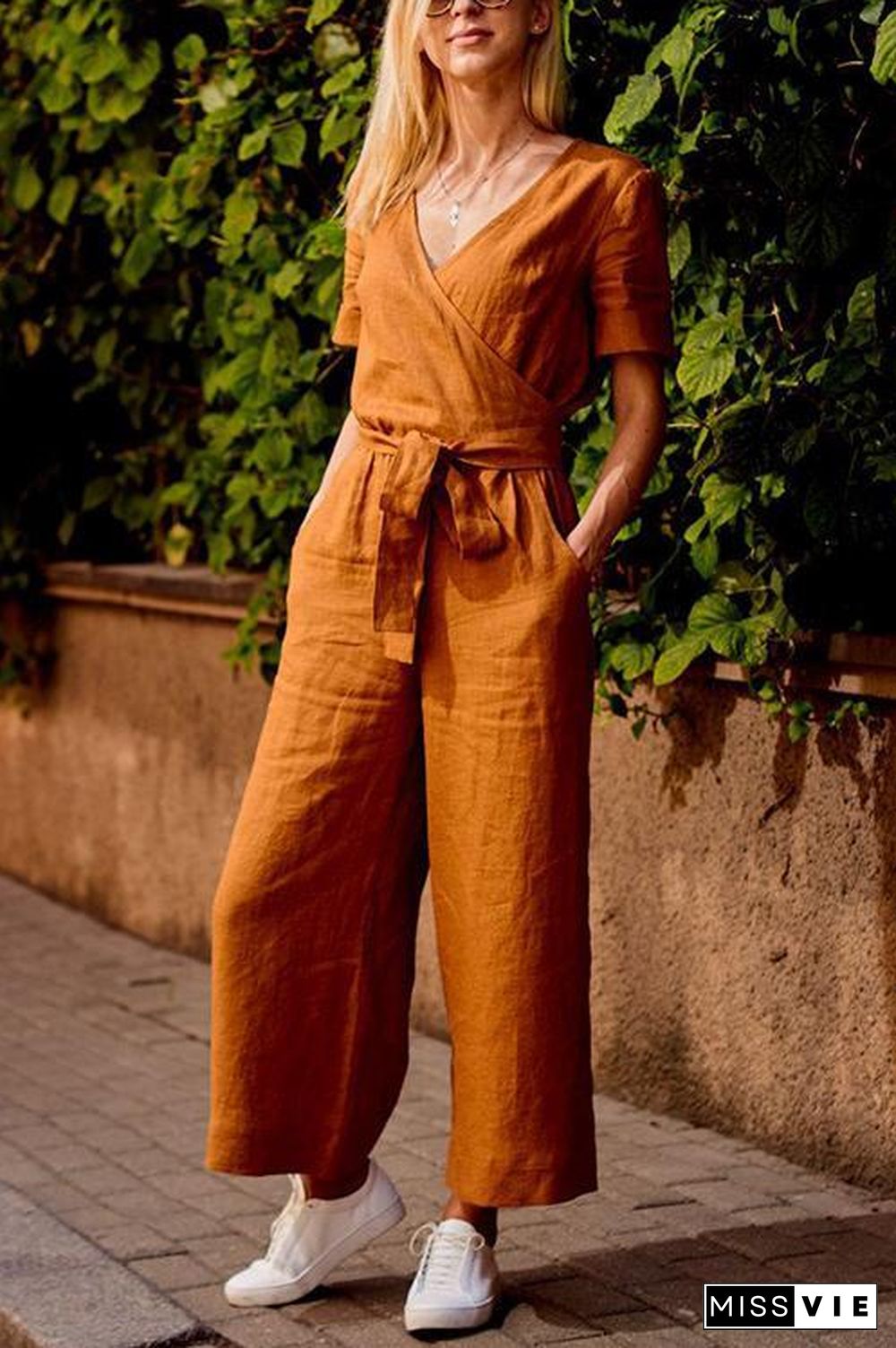 Loose Linen Wrap Jumpsuit