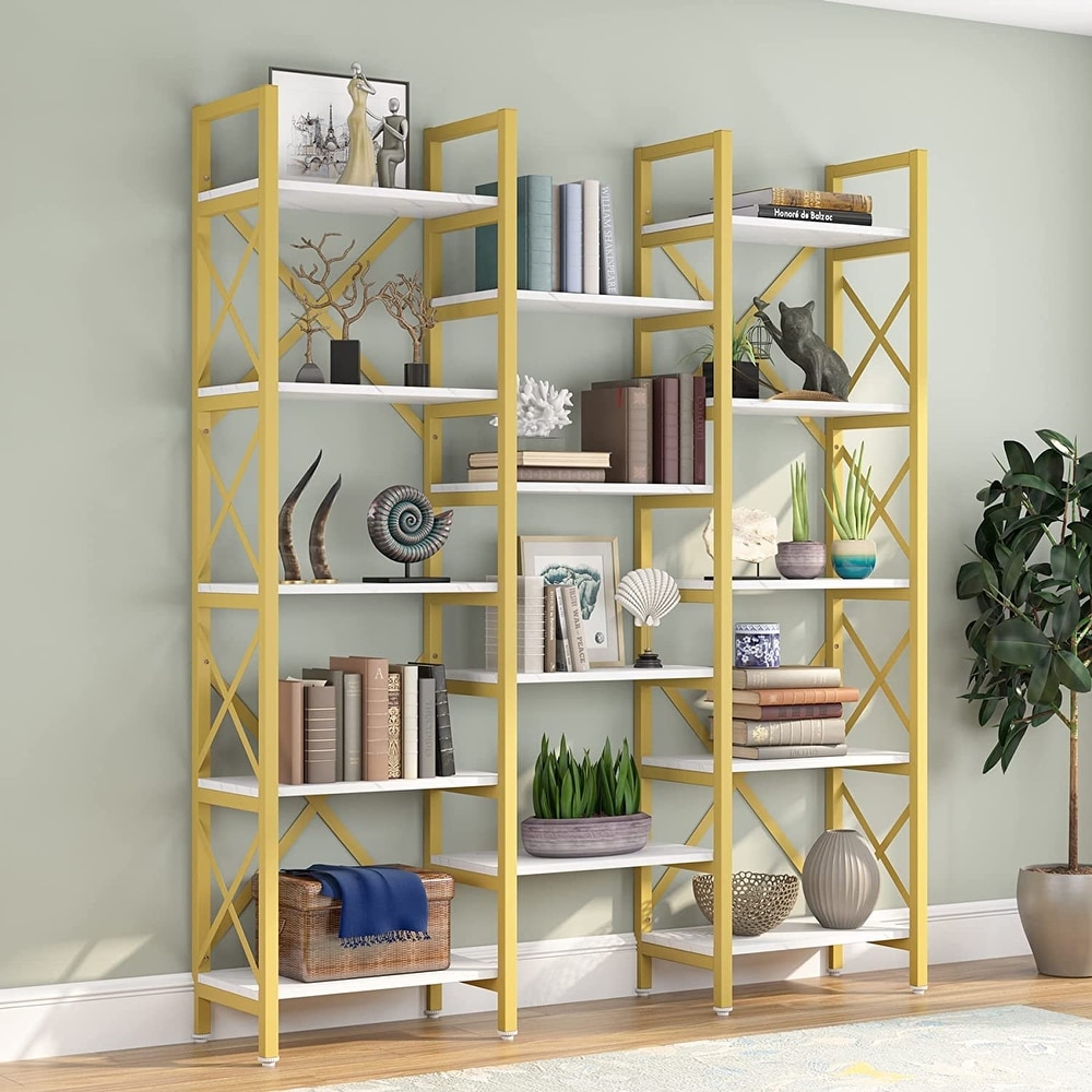 Open Triple Wide 5 Shelf Bookcase  Industrial Etagere Bookshelf for Home   Office