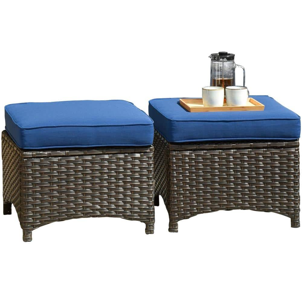 OVIOS New Kenard Brown 5-Piece Wicker Outdoor Patio Conversation Seating Set with Navy Blue Cushions NTC700