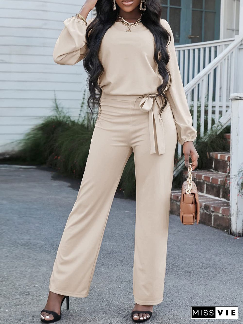 Women'S Jumpsuits Solid Long Sleeve Belted Casual Jumpsuit