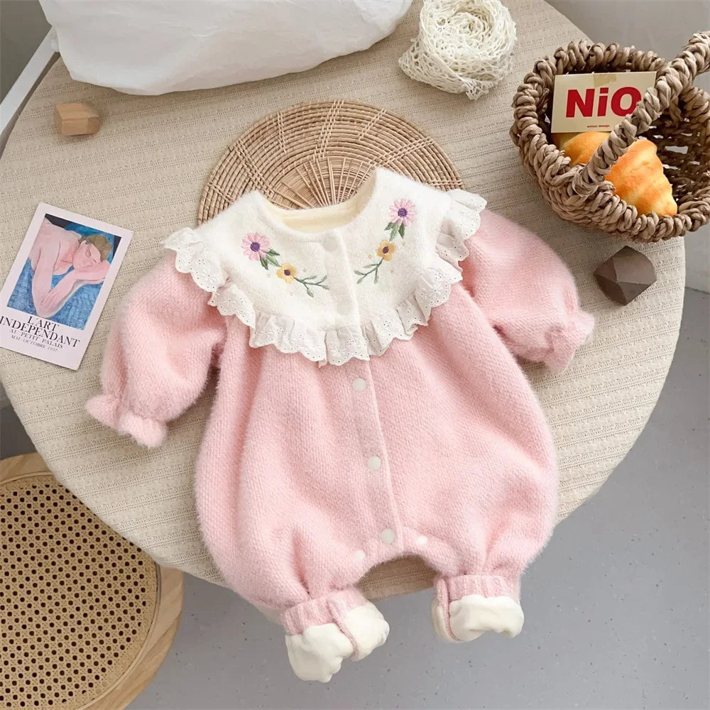 2023 Winter Infant Baby Girls Cute One-pieces Kids Ruched Embroidery Flower Thick Plush Warm Jumpsuits , Newborn Romper 0-24M