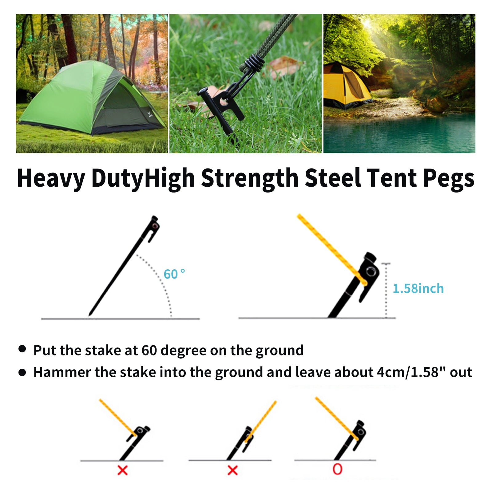 Hvacstar Tent Stakes Heavy Duty Metal Tent Pegs for Camping Steel Tent Stakes Unbreakable and Inflexible 8 Pack