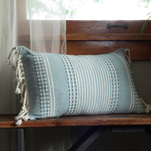 Blue Hand Woven 14 X 22 Inch Decorative Cotton Throw Pillow Cover With Insert And Hand Tied Tassels Foreside Home amp Garden