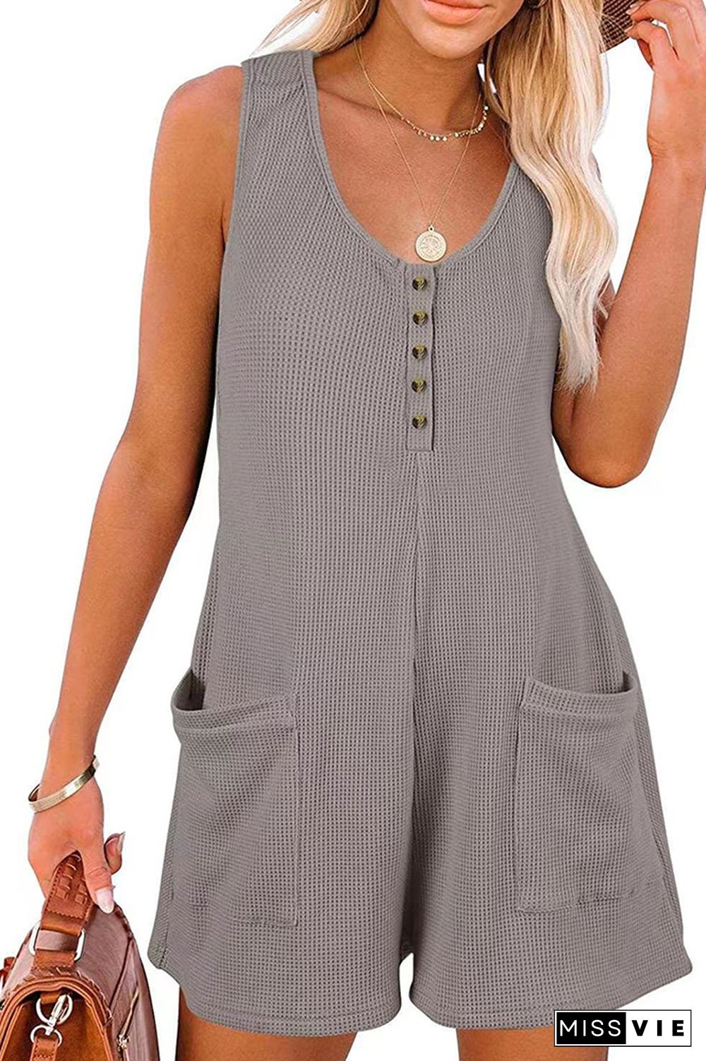 Sleeveless Button Waffle Romper with Pockets