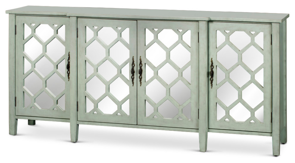 Zen Sage Sideboard with Lattice Fretwork Mirror Doors   Transitional   Console Tables   by China Furniture and Arts  Houzz