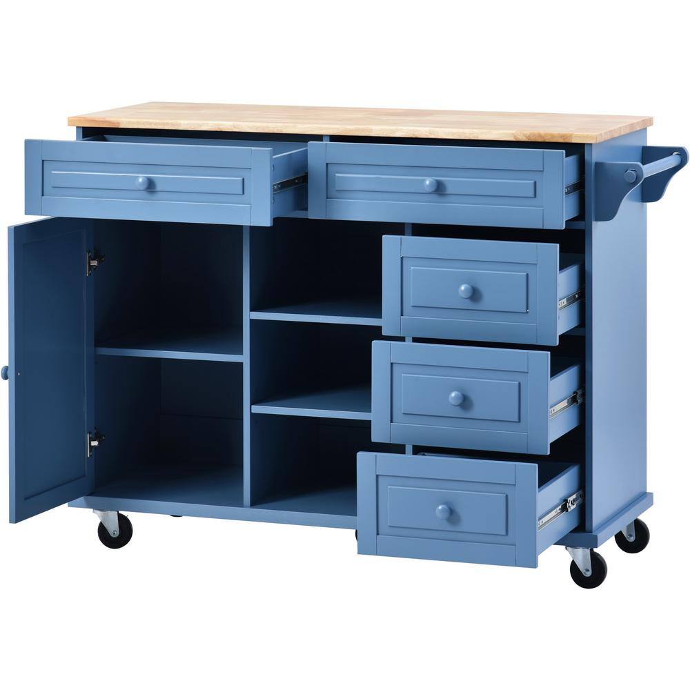 Blue Rubber Wood Desktop 53 in. W Kitchen Island on 5-Wheels with Storage and 5-Drawers MMuunea-01