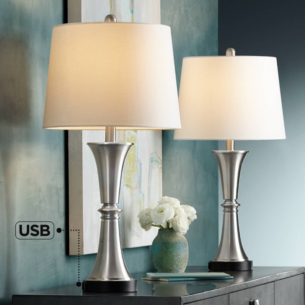 High Set Of 2 Silver With Usb Charging Port Led Touch On Off White Drum Shade For Bedroom Living Room Desk