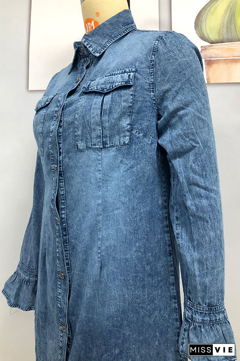 Washed Button Up Denim Mini Dress with Pockets