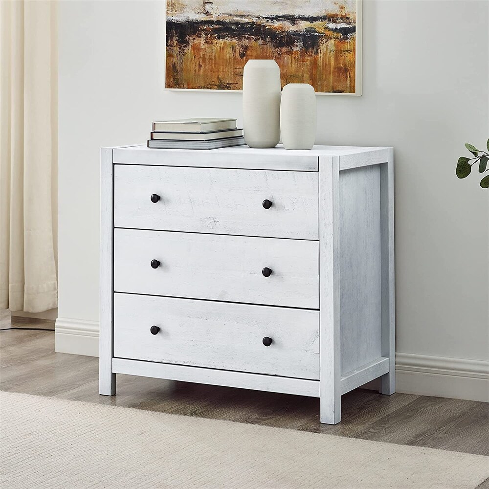 MUSEHOMEINC Rustic Solid Wood 3 Drawer Storage Dresser Nightstand  White Washed