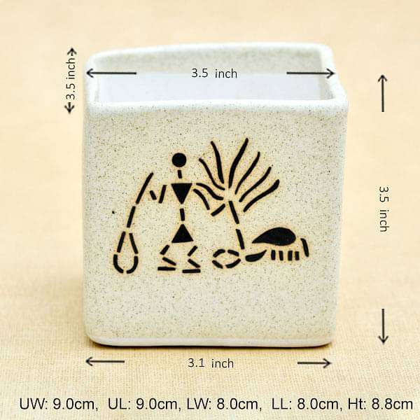 3.5 inch (9 cm) Warli Painting Marble Finish Square Box Ceramic Pot (Light Brown) (set of 2)