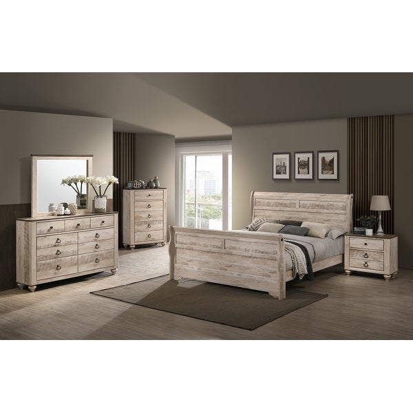 Roundhill Furniture Imerland Contemporary White Wash Finish Bedroom Set with Sleigh Bed， Dresser， Mirror， Two Nightstands， Chest - - 32524446