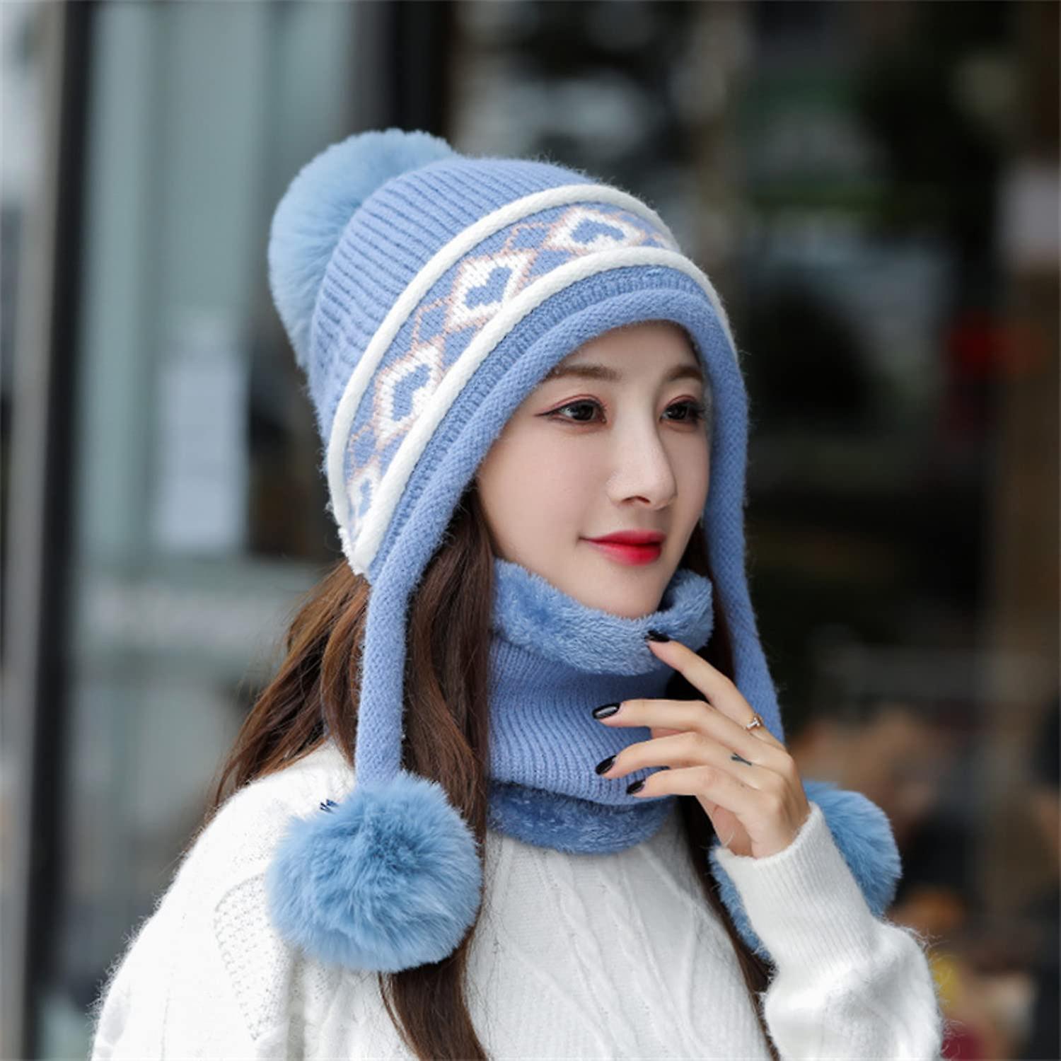 Women Winter Beanie Hat Peruvian Circle Scarf Set Ski Ear Flaps Caps Dual Layered Fleece Lined Pompoms E1450215-blue -