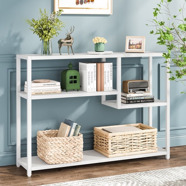 Console Table， 43 Inch Small White Entryway table with Storage Shelves