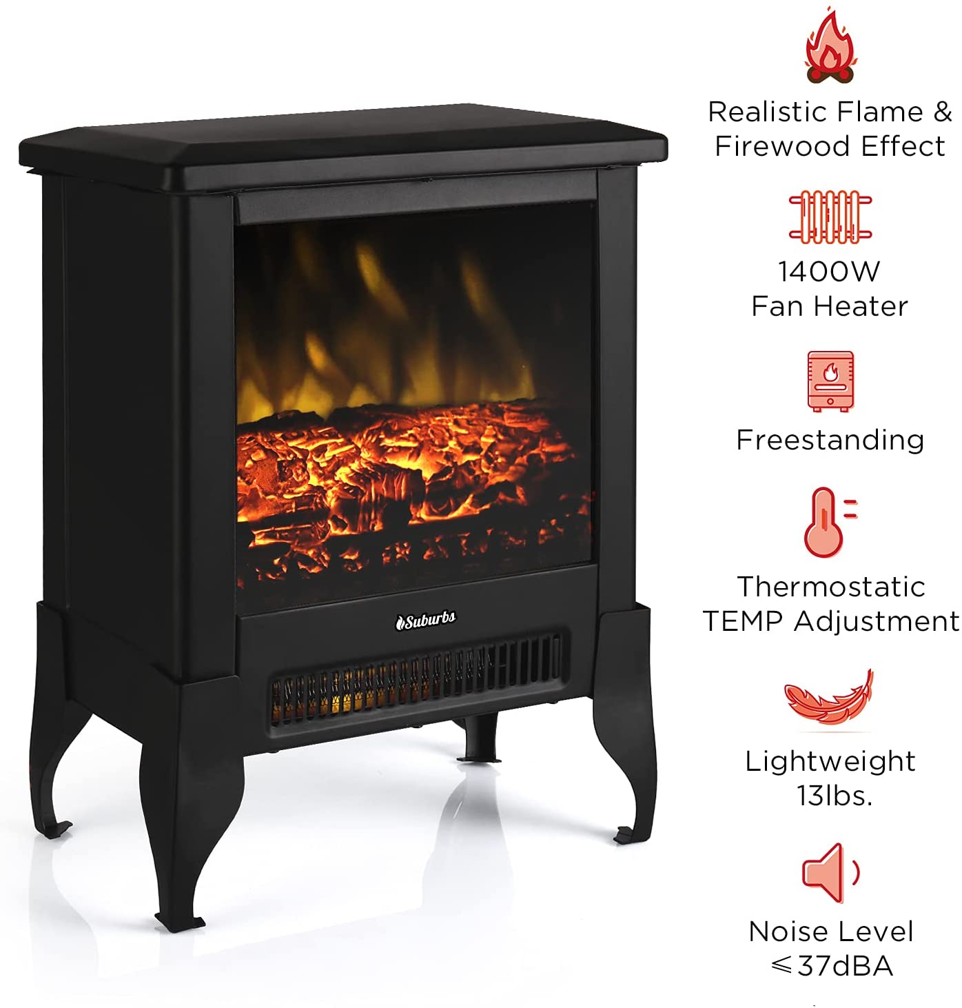 Turbro Suburbs TS17 Compact Electric Fireplace Stove, 18” Freestanding Stove, Realistic Flame , Overheating Safety Protection- 1400W