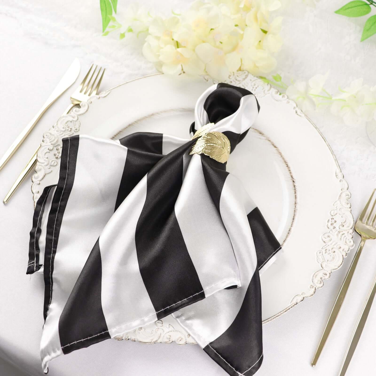 5 Pack Black and White Striped Satin Cloth Dinner Napkins 20