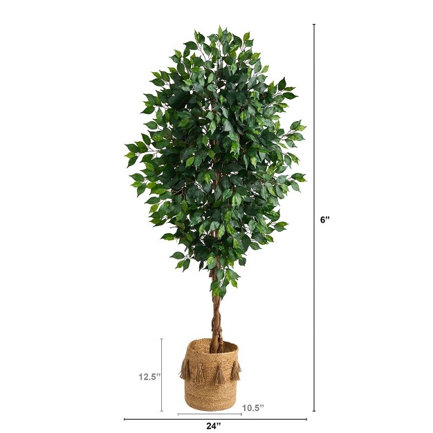 Nearly Natural 6-ft Ficus Artificial Tree With Natural Trunk In Handmade Natural Jute Planter With Tassels